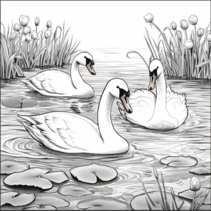 Swans and Water Lilies: Peaceful Scene Coloring Pages 2