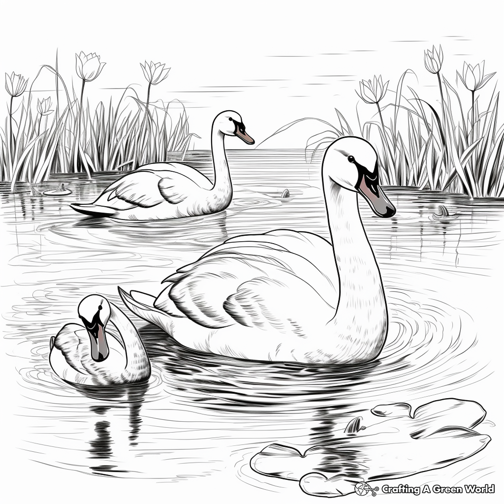 Swans and Water Lilies: Peaceful Scene Coloring Pages 4