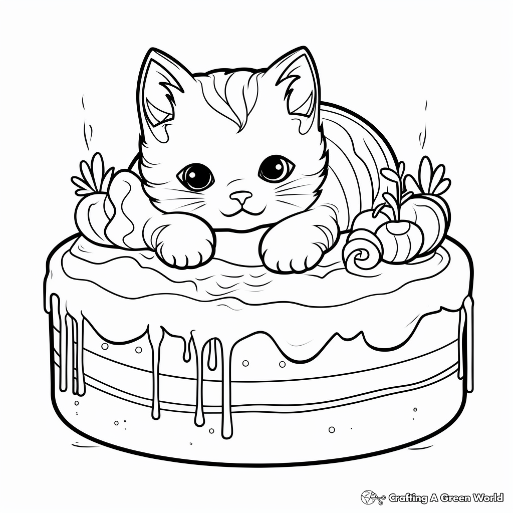Sweet Cat Relaxing on Cake Coloring Pages 1