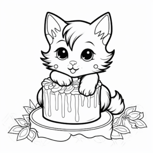 Sweet Cat Relaxing on Cake Coloring Pages 2
