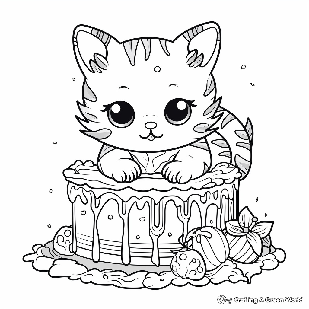 Sweet Cat Relaxing on Cake Coloring Pages 4