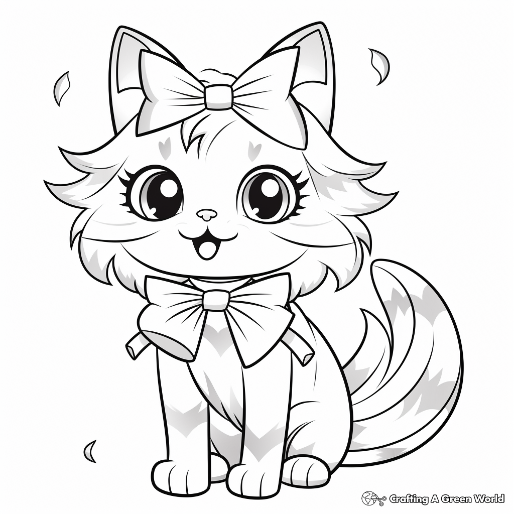 Sweet Ragdoll Cat with Rainbow Bow Coloring Pages 1