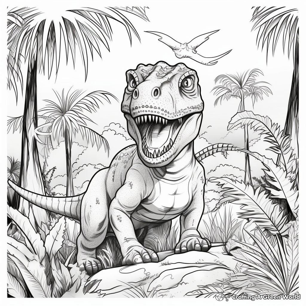 T Rex In Its Habitat: Jungle-Scene Coloring Pages 1