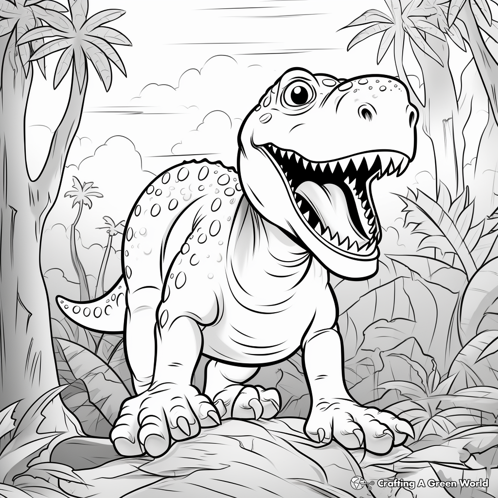 T Rex with Jungle Background Coloring Pages 1
