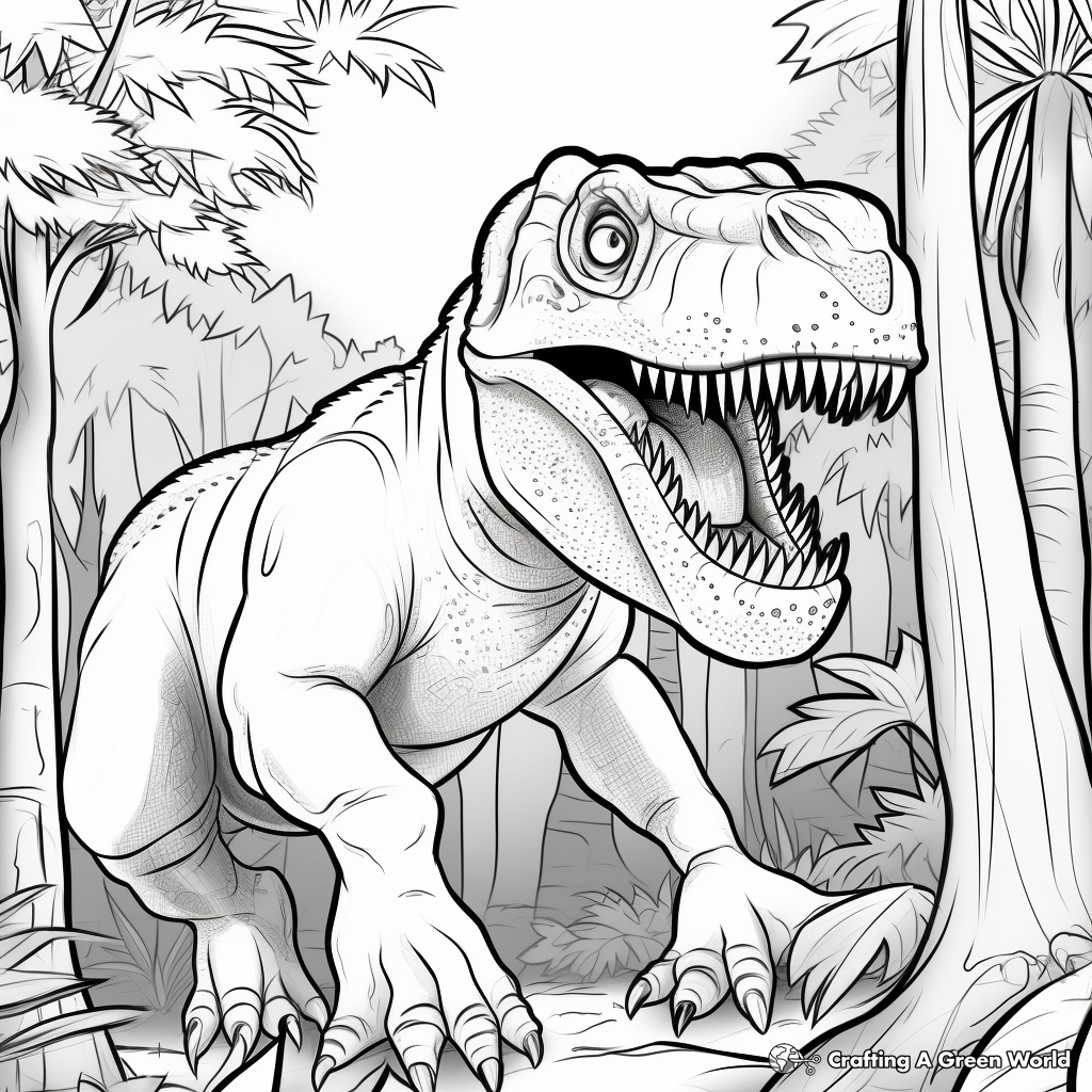 T Rex with Jungle Background Coloring Pages 3