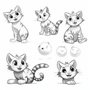 Tabby Cat in Different Poses: Sitting, Lying, and Jumping Coloring Pages 1