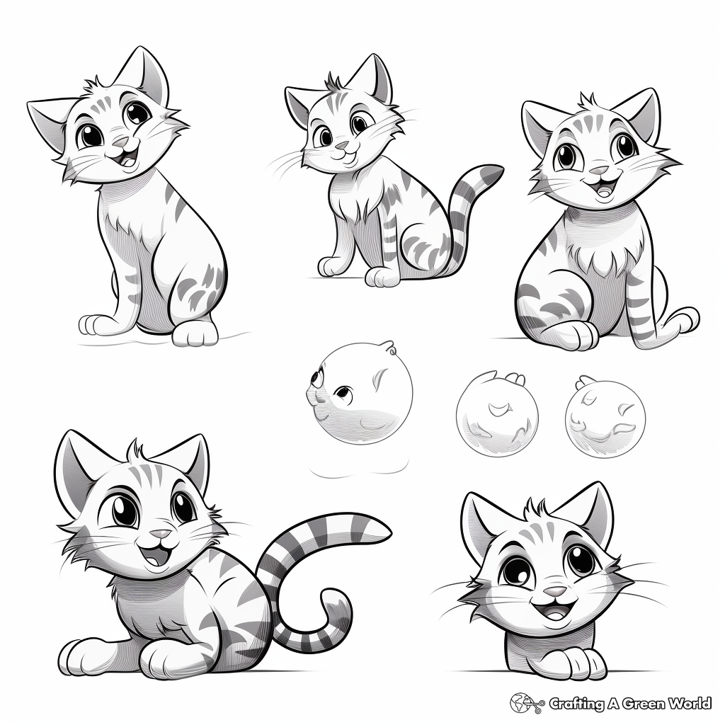 Tabby Cat in Different Poses: Sitting, Lying, and Jumping Coloring Pages 1