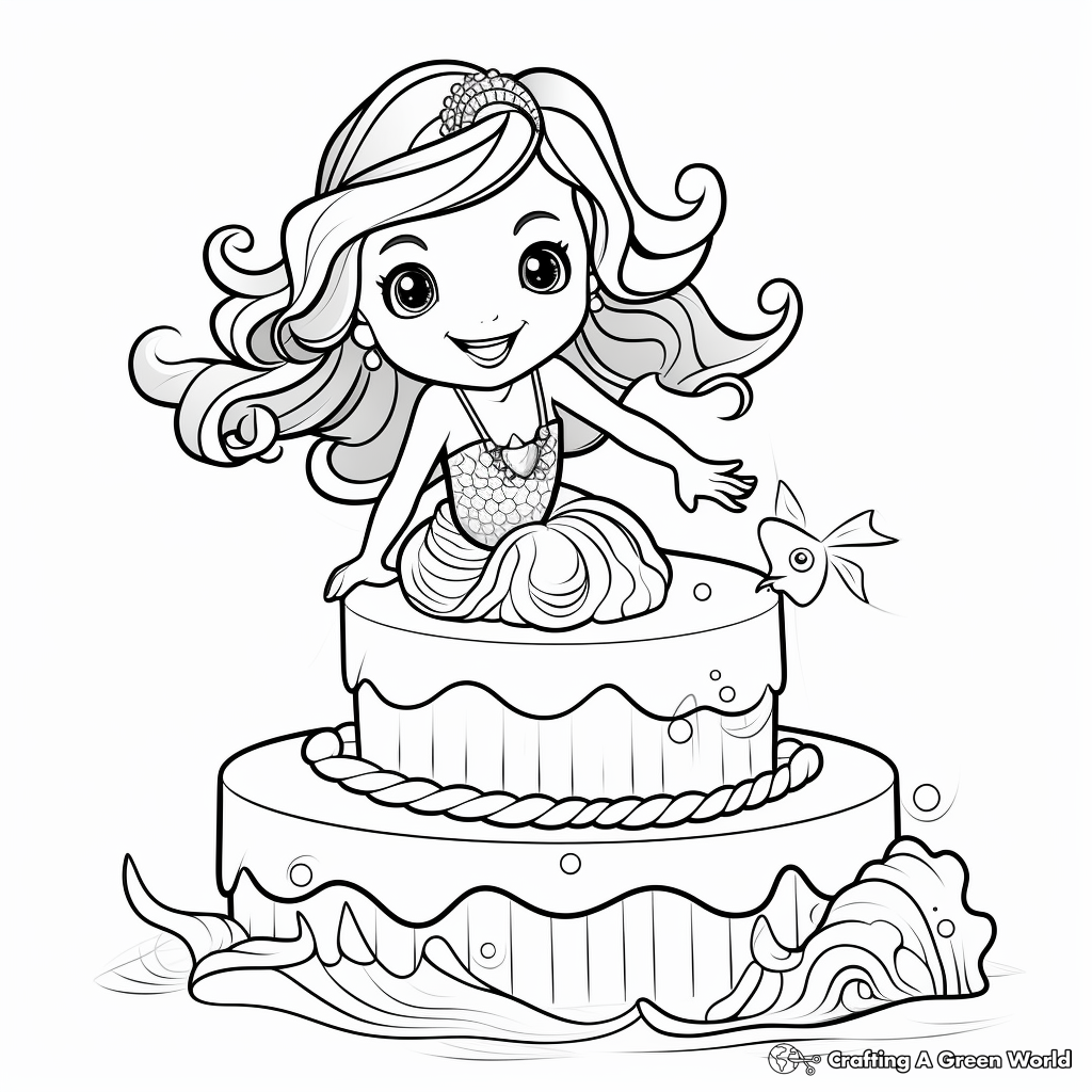 Tail-Flipping Fun Mermaid Cake Coloring Pages 1