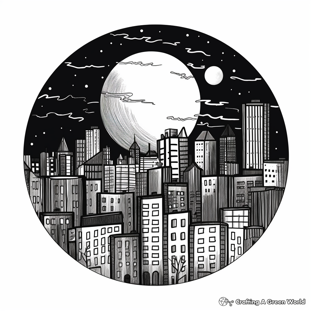 Themed Full Moon Over the City Coloring Pages 1