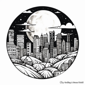 Themed Full Moon Over the City Coloring Pages 2