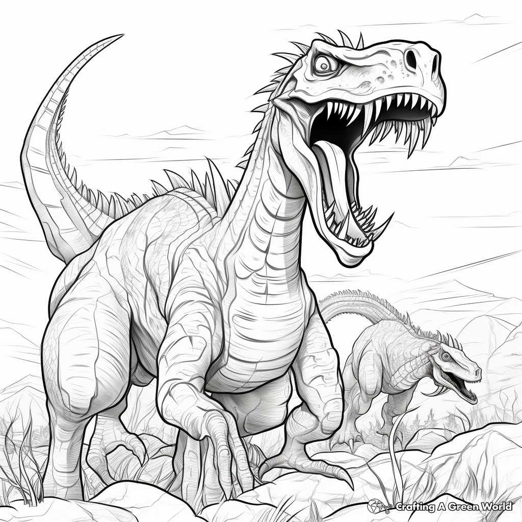 Therizinosaurus vs Tyrannosaurus Rex: Epic Dinosaur Battle Coloring Pages 1