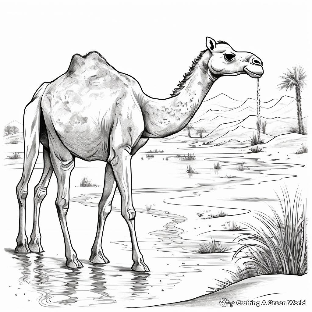 Thirsty Camel Near Oasis Coloring Page for Nature Lovers 1