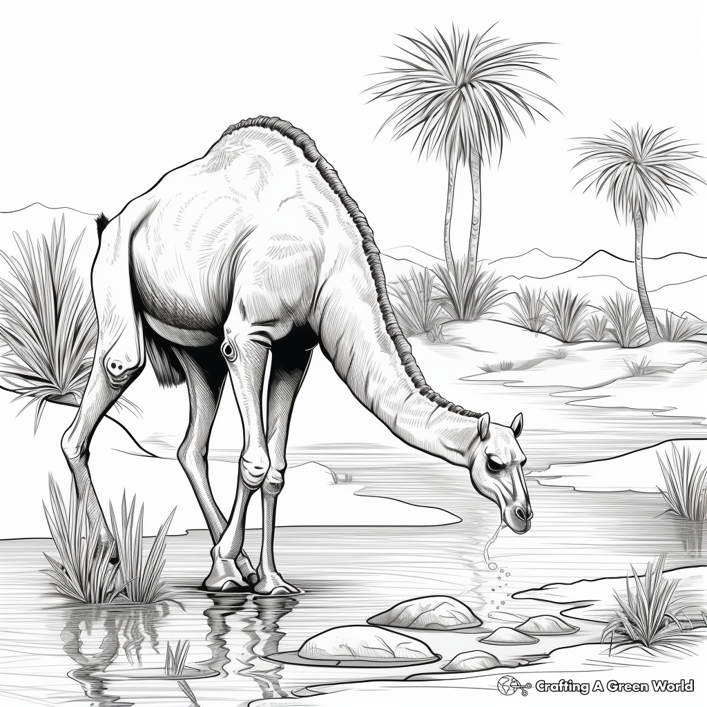 Thirsty Camel Near Oasis Coloring Page for Nature Lovers 2