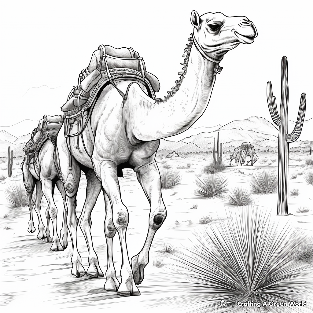 Traveler's Camel Train Through the Desert: Detailed Coloring Pages 1