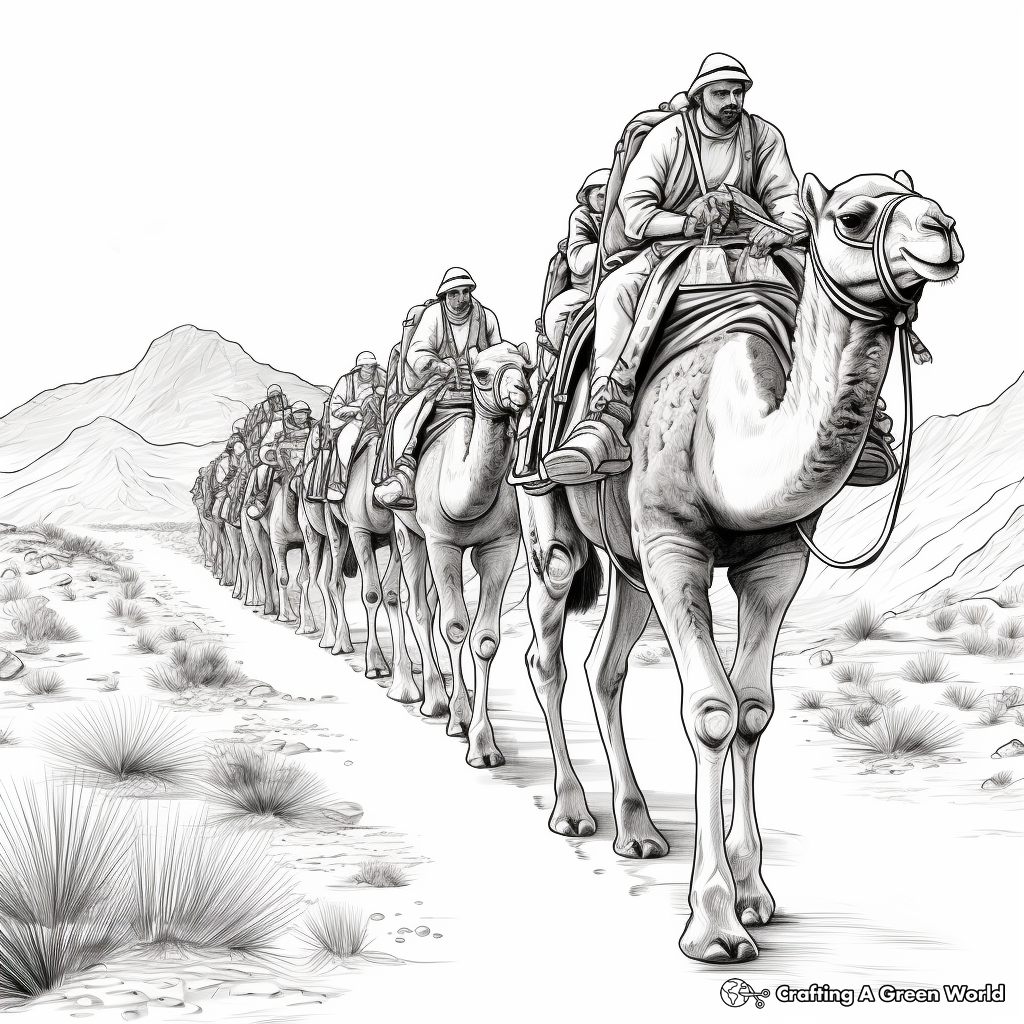 Traveler's Camel Train Through the Desert: Detailed Coloring Pages 3