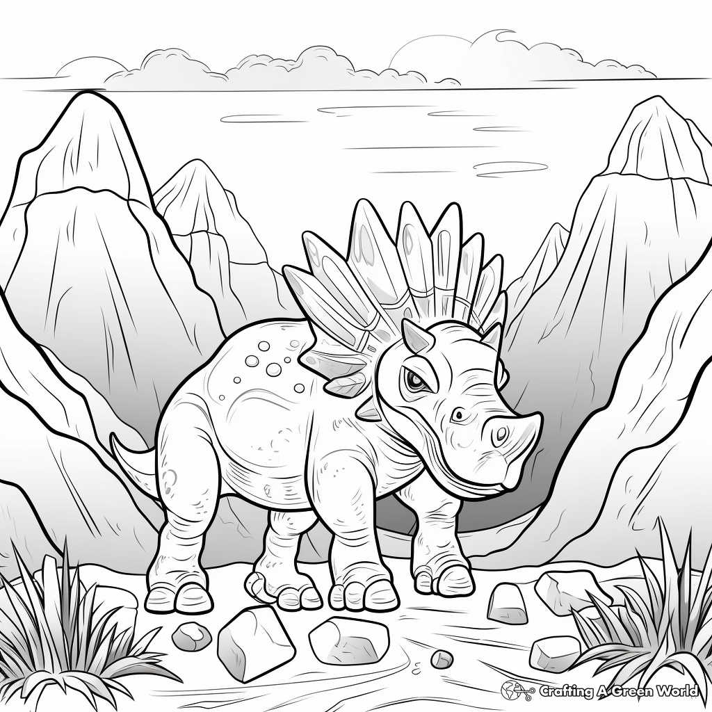 Triceratops and Volcano Backdrop Coloring Page 2