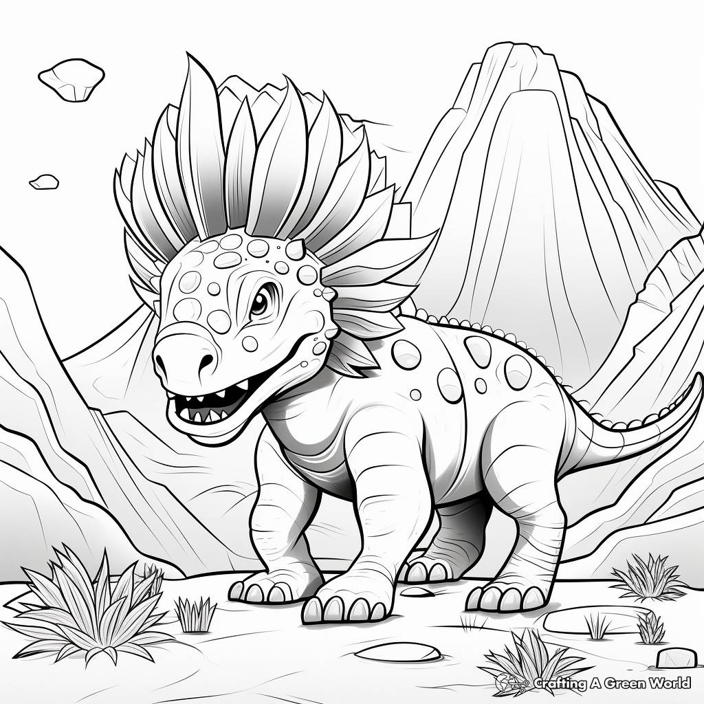 Triceratops and Volcano Backdrop Coloring Page 3