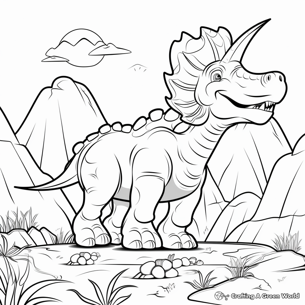 Triceratops and Volcano Backdrop Coloring Page 4