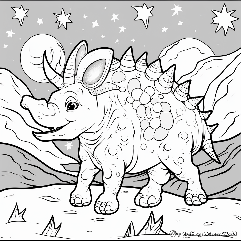 Triceratops Under Starry Night: A Scenic Coloring Page 1