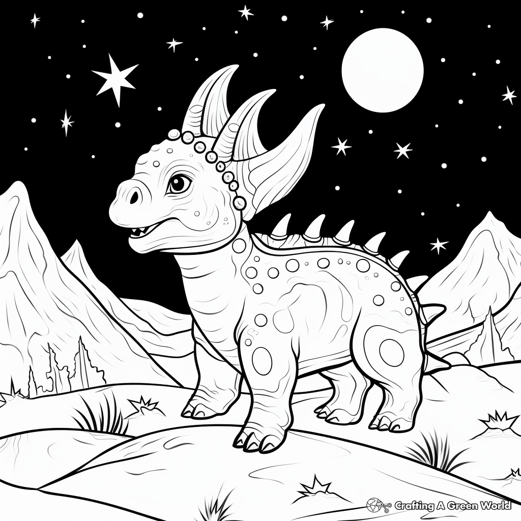Triceratops Under Starry Night: A Scenic Coloring Page 3