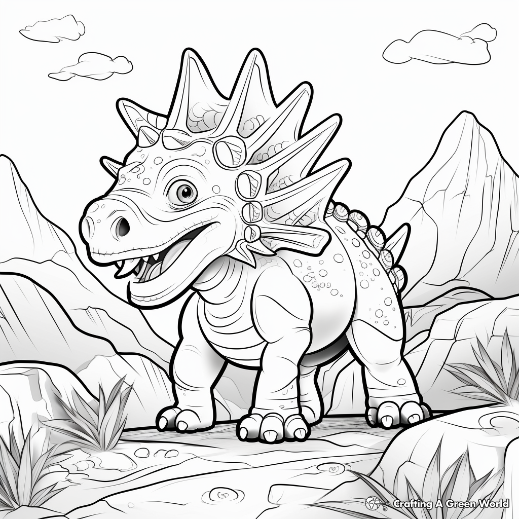 Triceratops Volcano Scene Coloring Pages for Kids 2