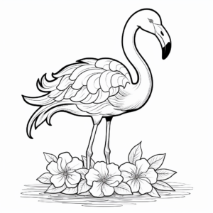Tropical Flamingo with Flowers Coloring Pages 1