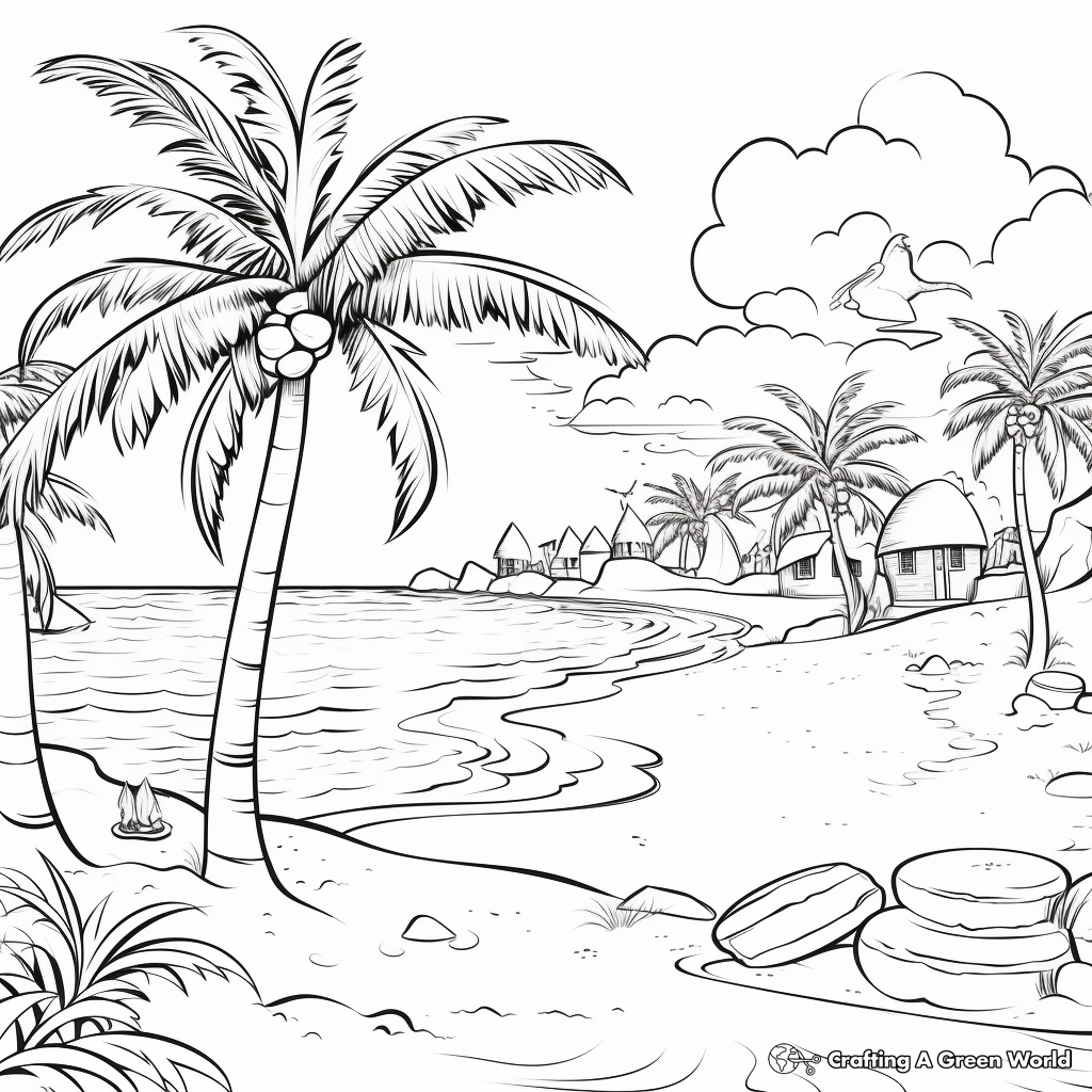 Tropical Island Beach Coloring Pages: Palms, Sea and Sand 2