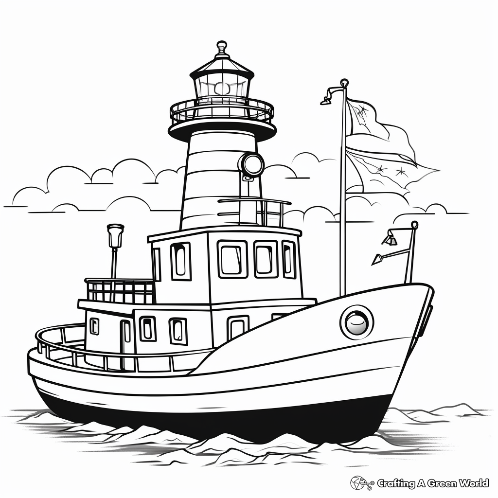 Tugboat and Lighthouse Scene Coloring Pages 1