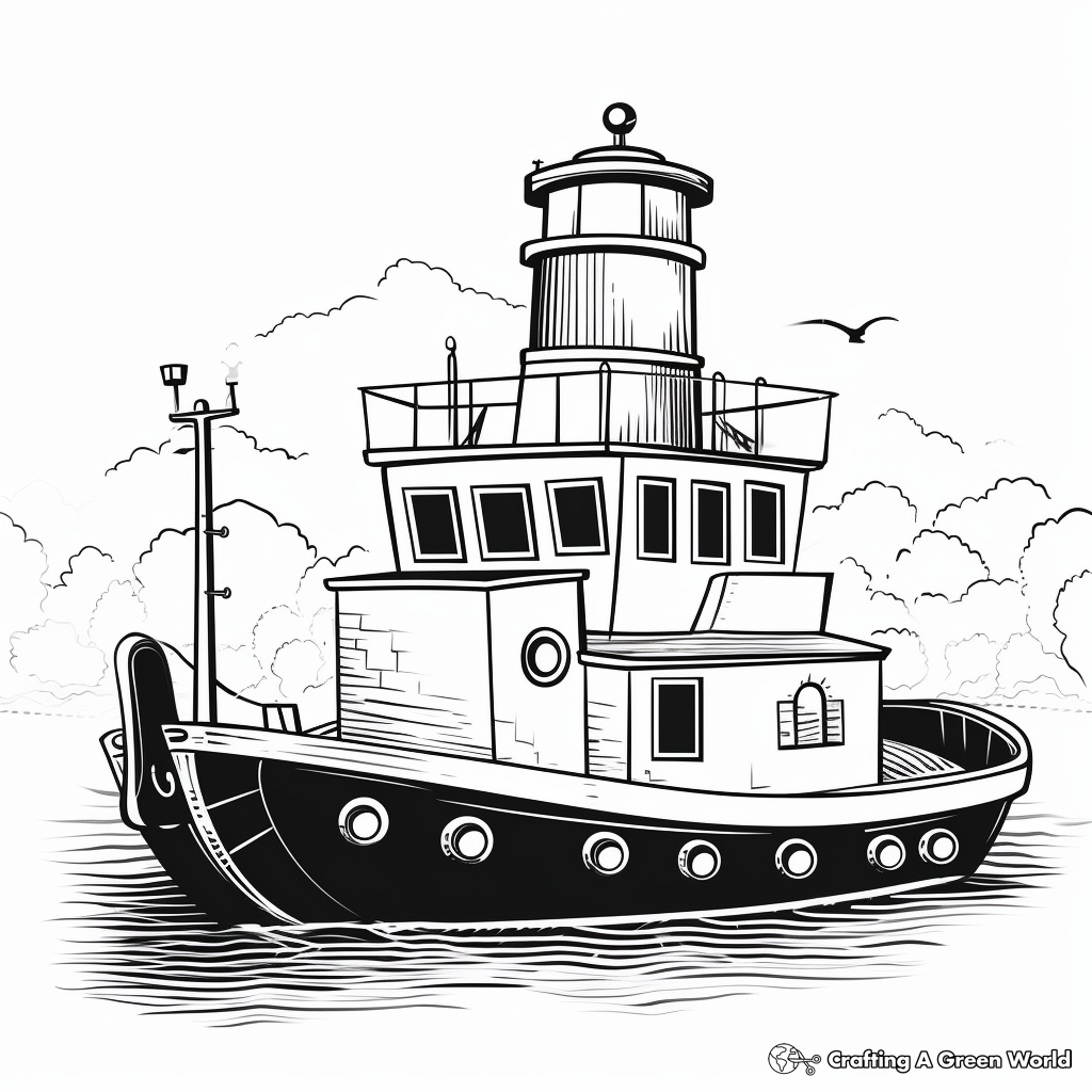 Tugboat and Lighthouse Scene Coloring Pages 3
