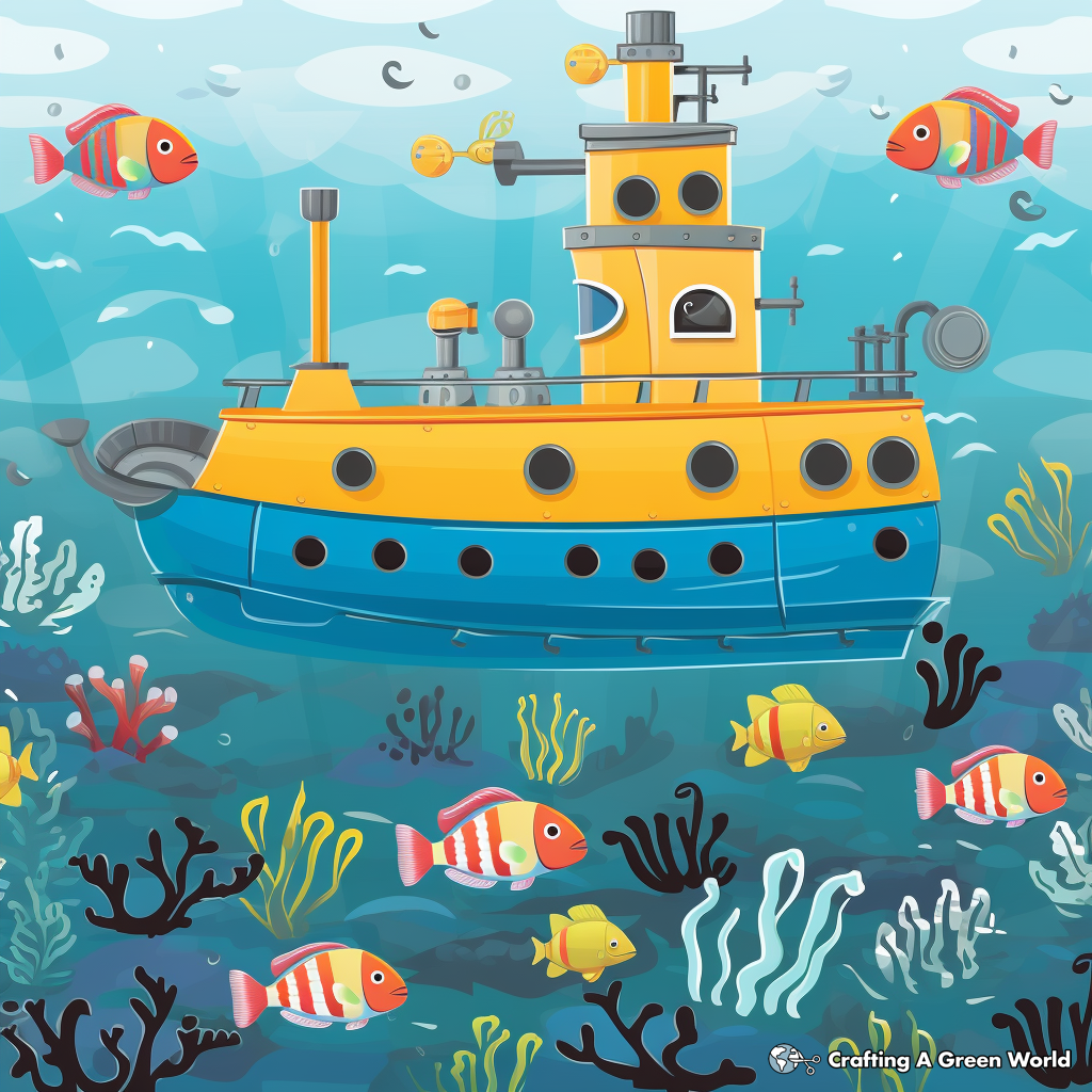 Tugboat and Submarine Underwater Scene Coloring Pages 1