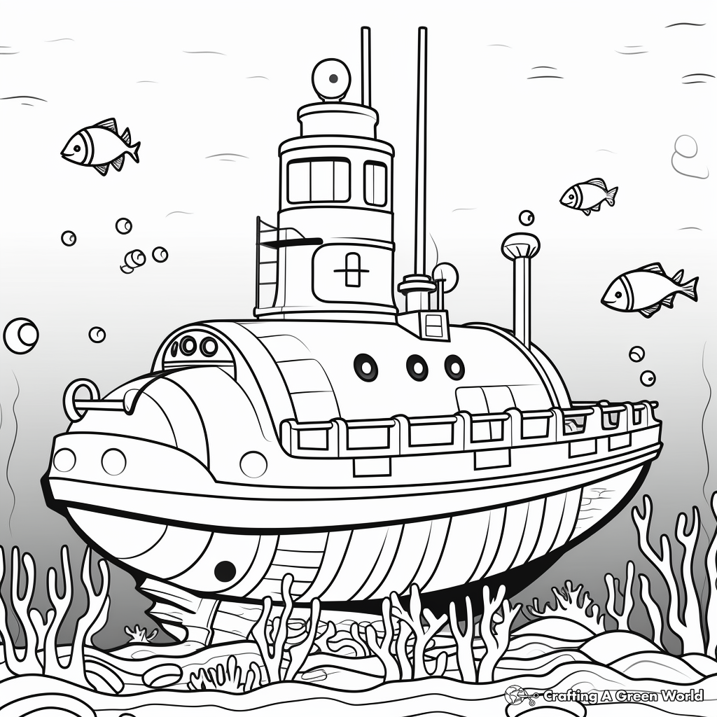 Tugboat and Submarine Underwater Scene Coloring Pages 2