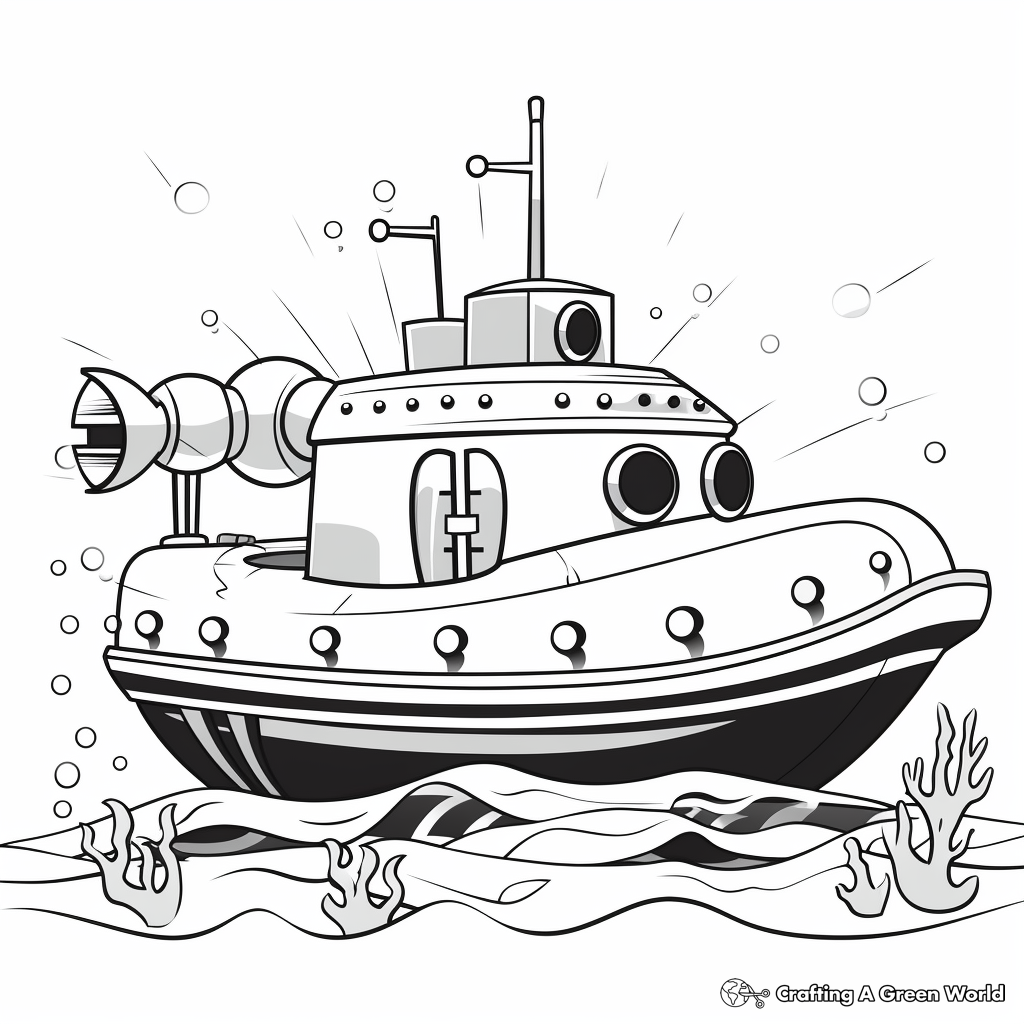 Tugboat and Submarine Underwater Scene Coloring Pages 4