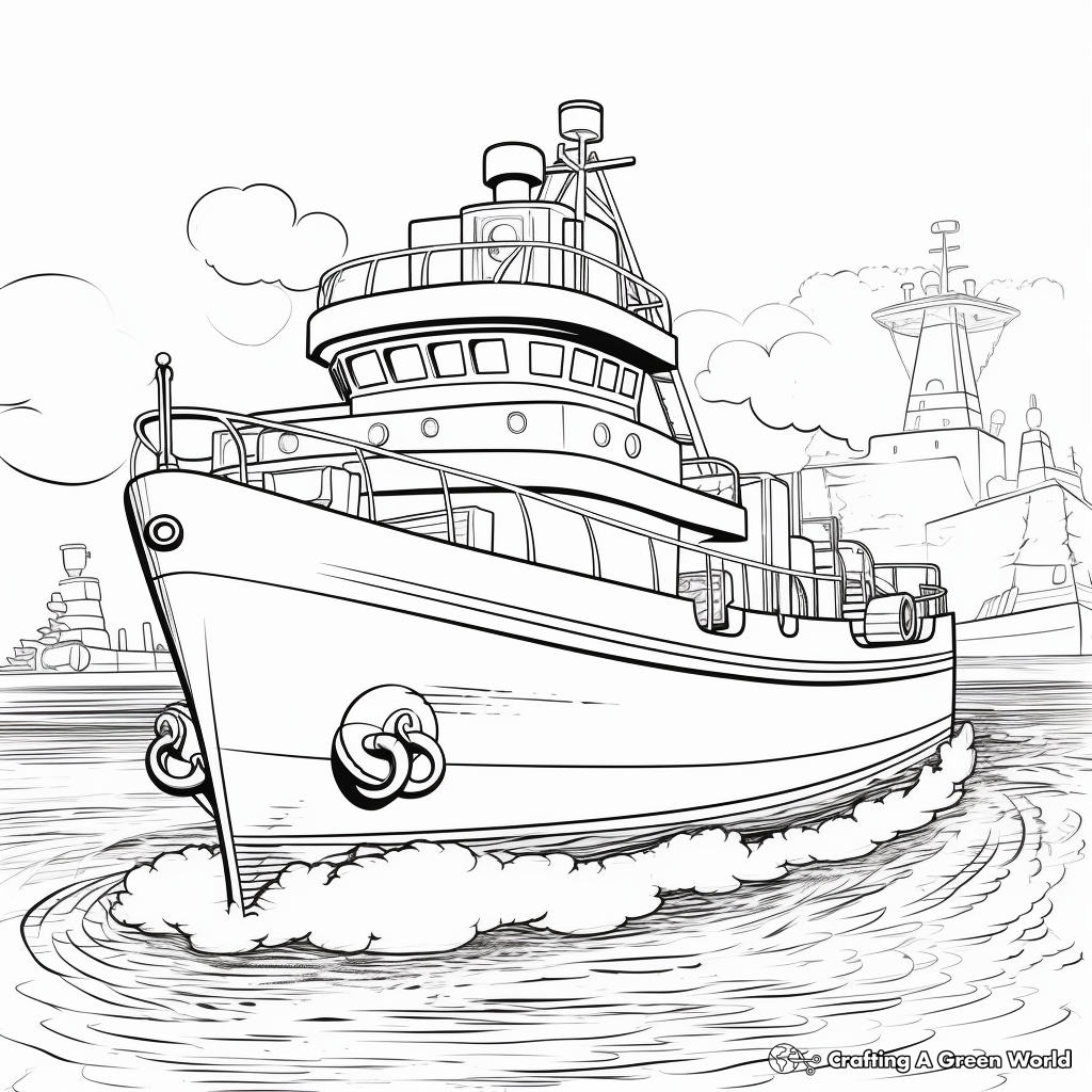 Tugboat in Action: Pulling Ship Coloring Pages 4