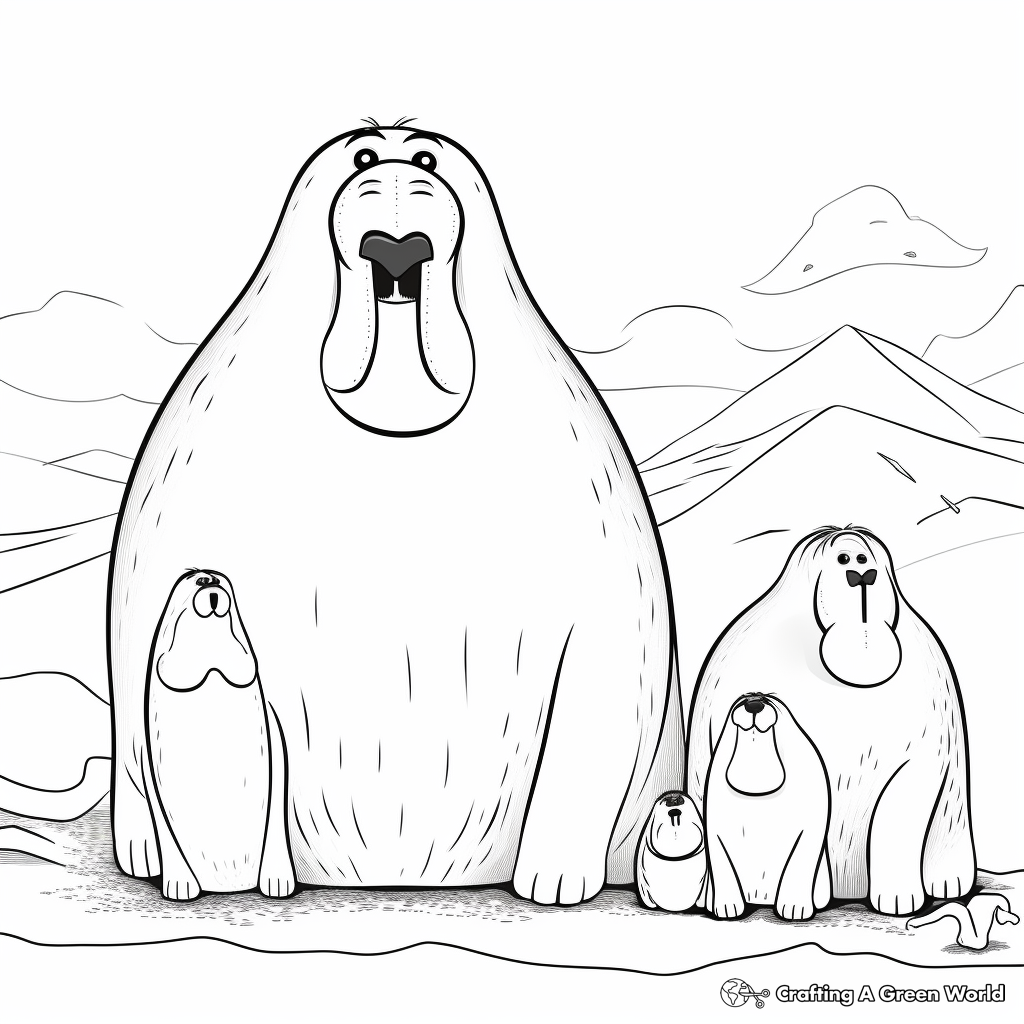 Tusked Walrus and its Kids: Family Scene Coloring Pages 1