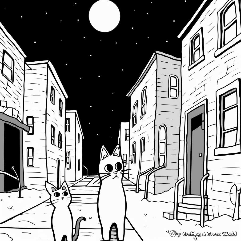 Two Alley Cats at Night Coloring Pages 1
