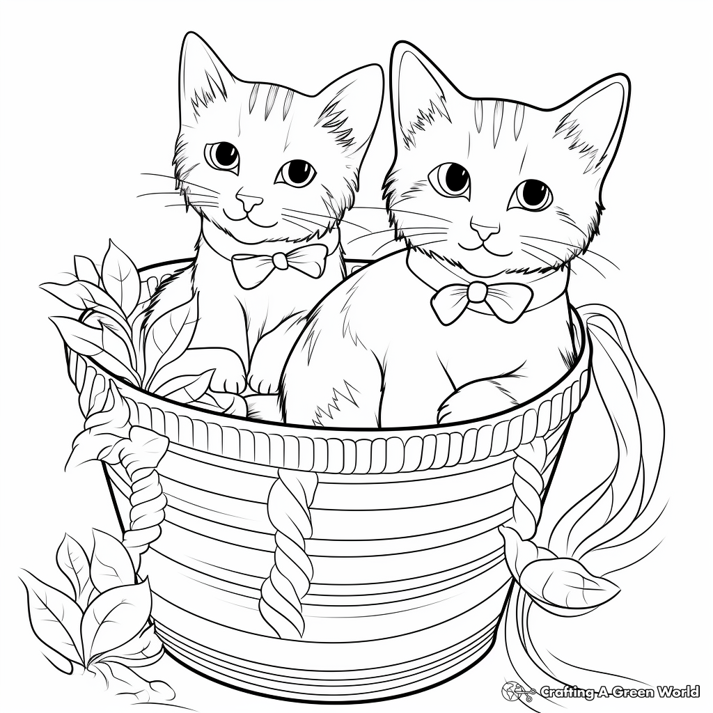Two Cats in a Basket Coloring Pages 1