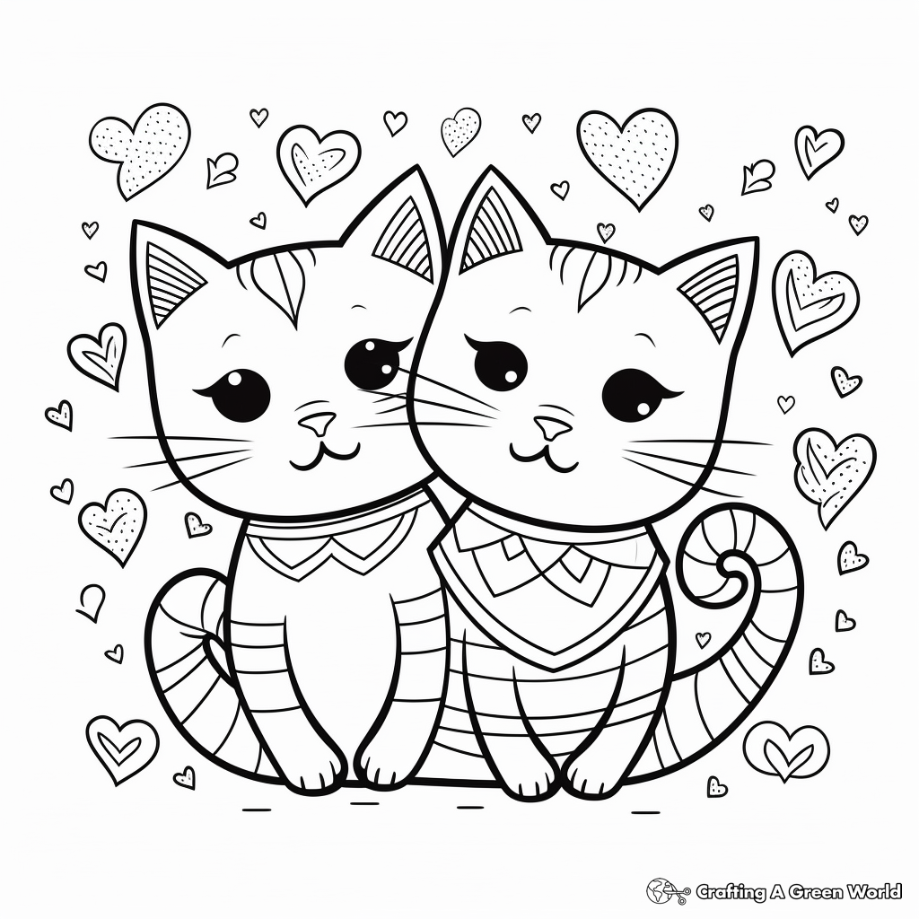 Two Cats in Love Coloring Pages 1