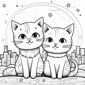 Two Cats Under the Moonlight Coloring Pages 1