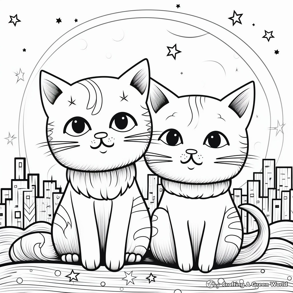 Two Cats Under the Moonlight Coloring Pages 1