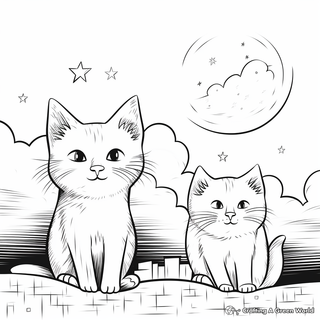 Two Cats Under the Moonlight Coloring Pages 2