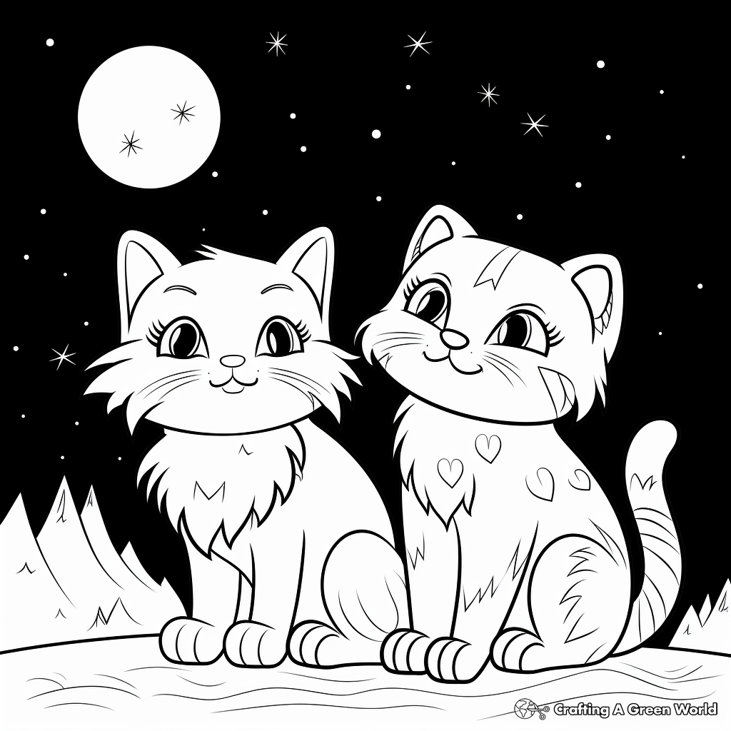 Two Cats Under the Moonlight Coloring Pages 3