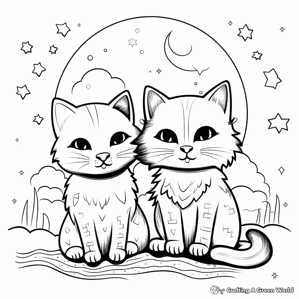 Two Cats Under the Moonlight Coloring Pages 4