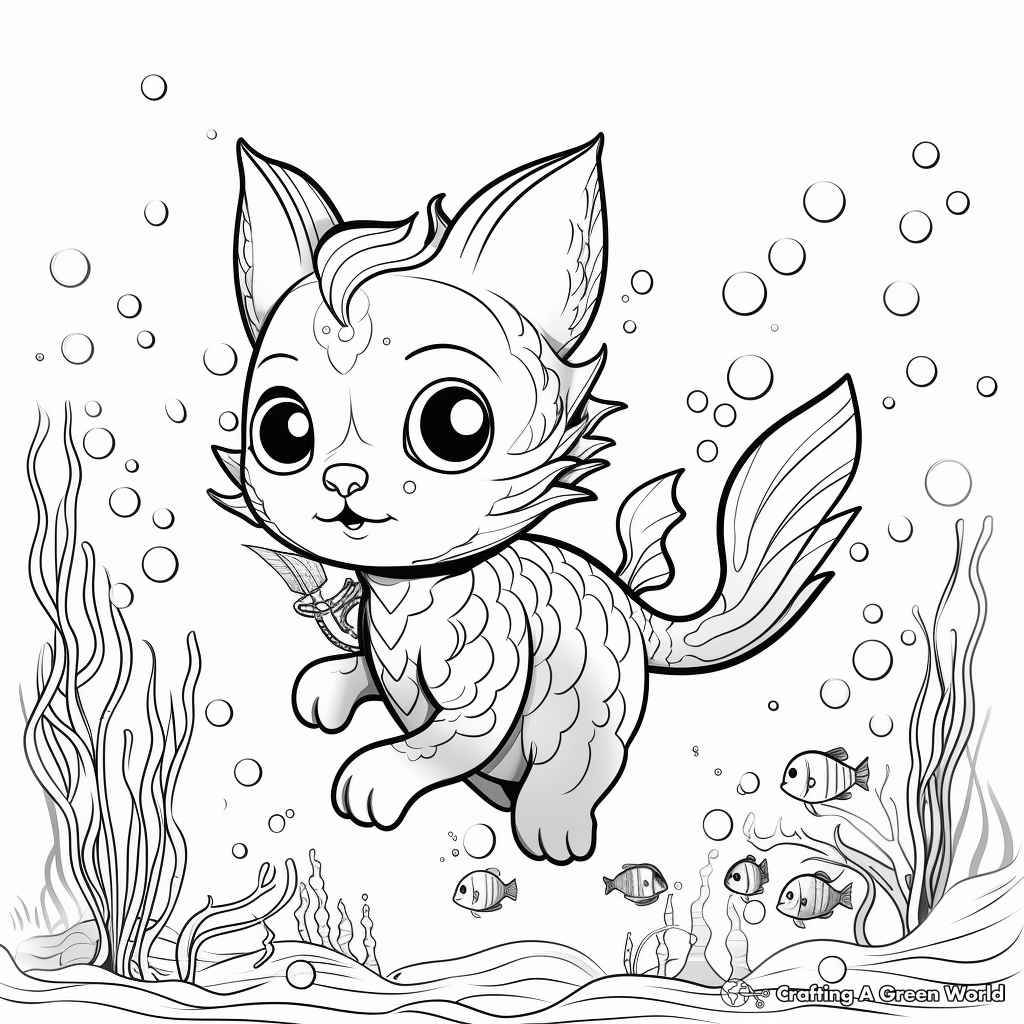 Underwater Adventure Cat Kid Mermaid Coloring Pages 3