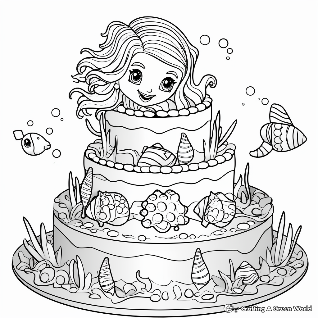 Underwater Adventure Mermaid Cake Coloring Pages 3