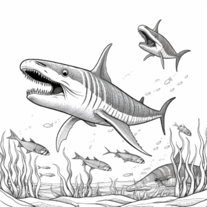 Underwater Havoc: Plesiosaurus vs. Megalodon Coloring Pages 4