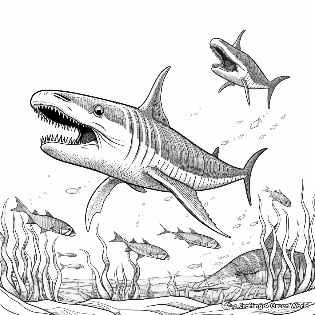Underwater Havoc: Plesiosaurus vs. Megalodon Coloring Pages 3