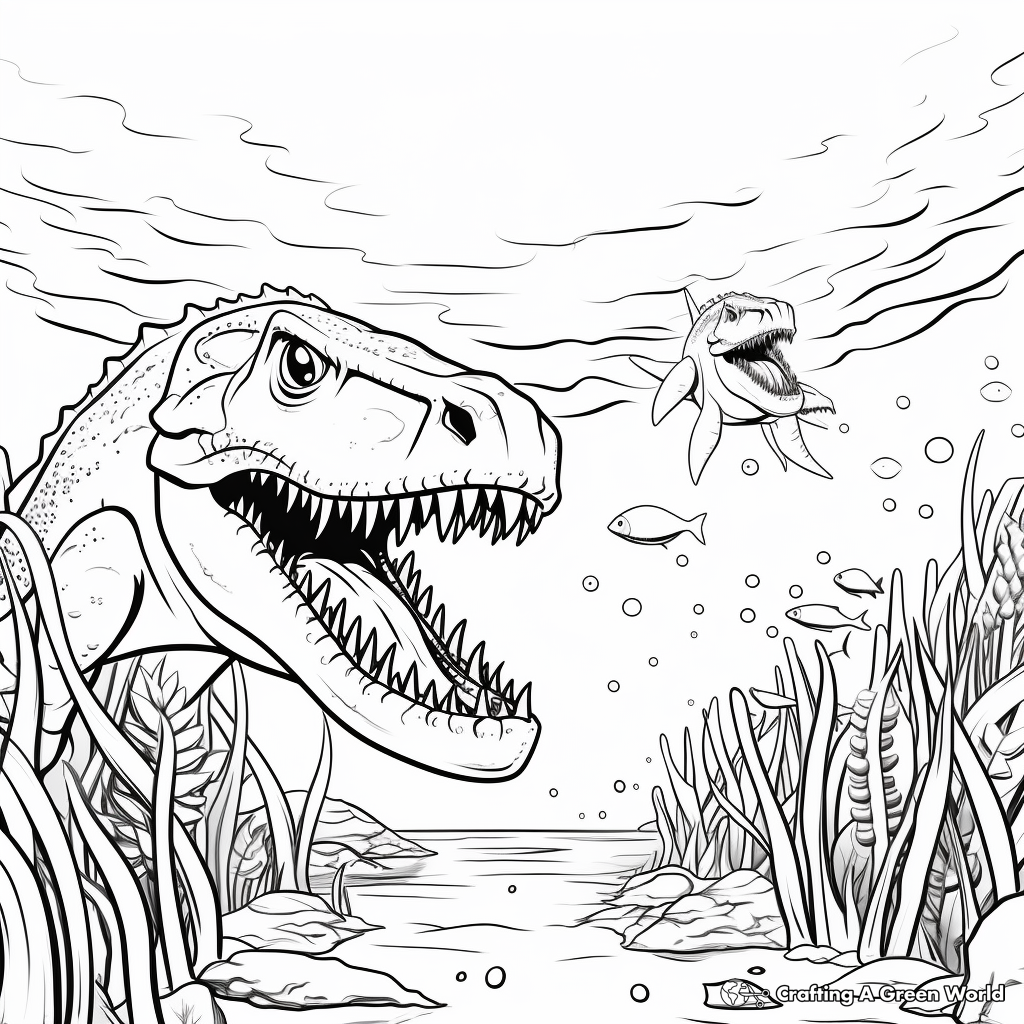 Underwater Hunting Spinosaurus and T-Rex Coloring Sheets 2