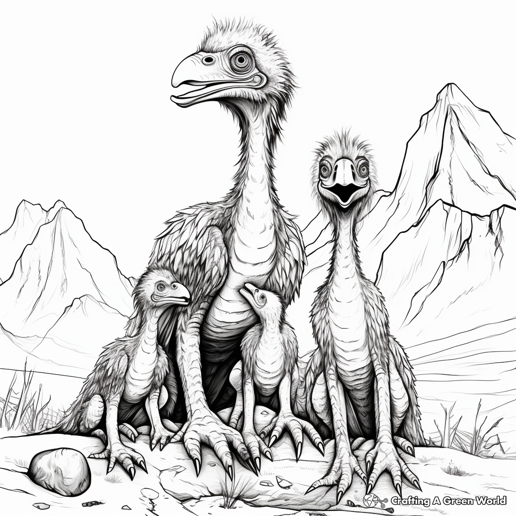Utahraptor Family Coloring Pages: Male, Female, and Nestlings 1