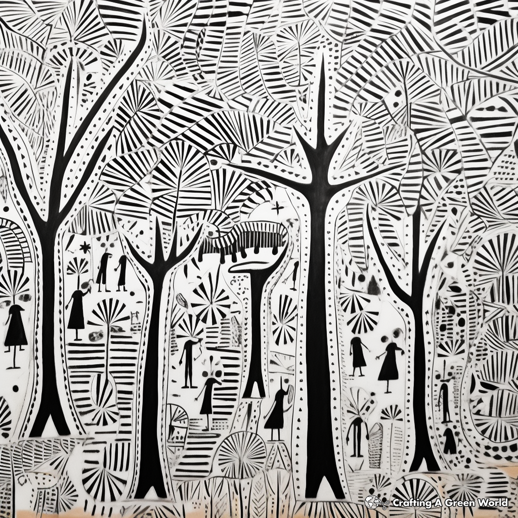 Vibrant Jungle Scene Amate Bark Painting Coloring Pages 1
