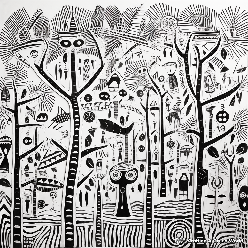 Vibrant Jungle Scene Amate Bark Painting Coloring Pages 4